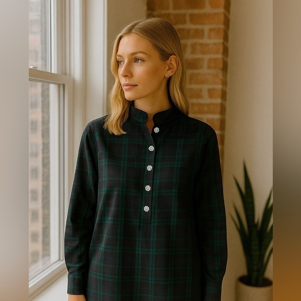J. Crew Jeweled button popover tunic in Black Green Watch tartan size 6‎